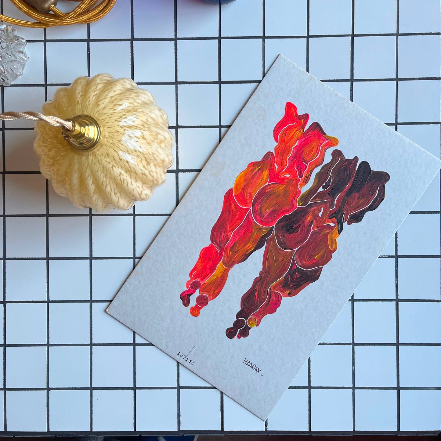 peinture sur support upcyclé - les deux femmes rouges