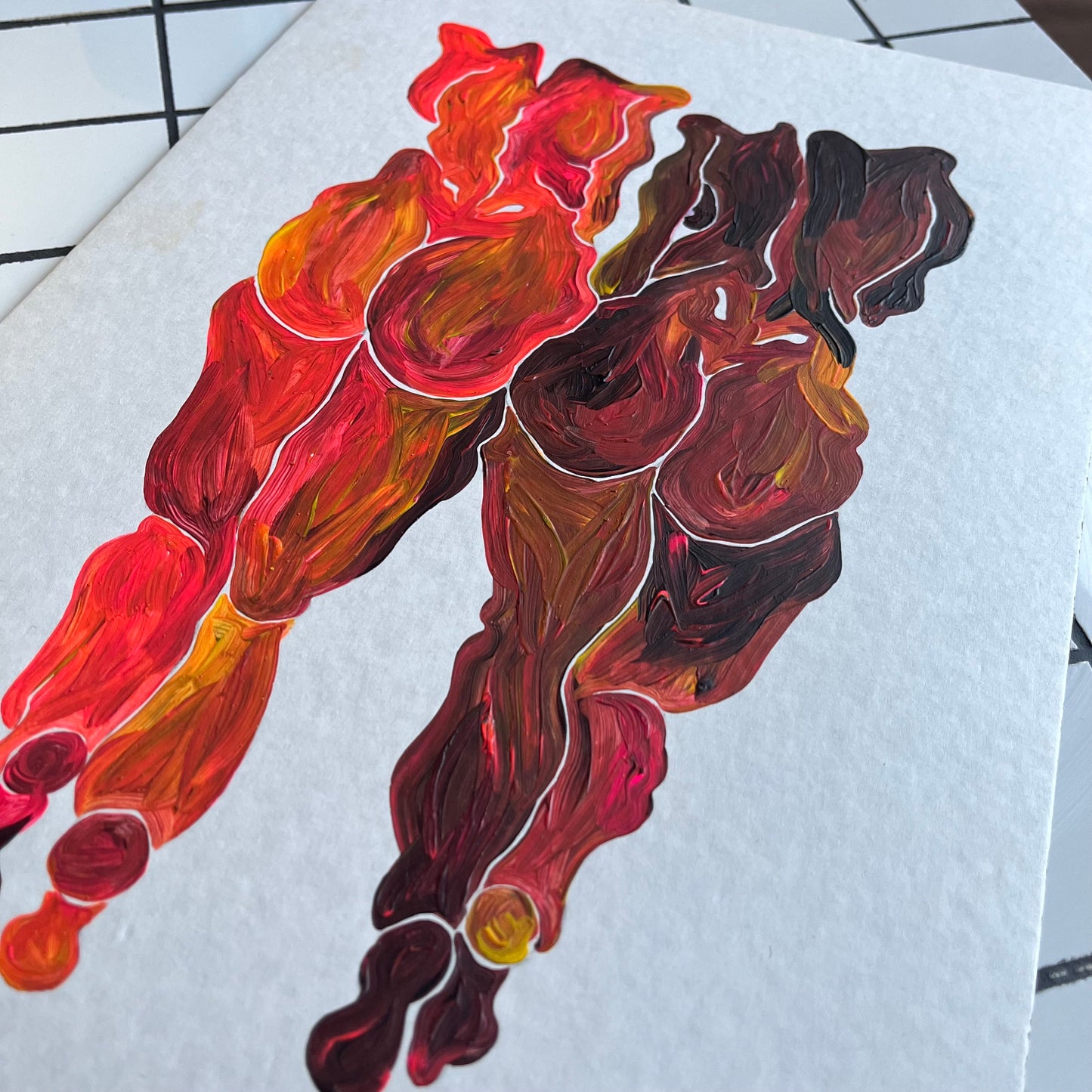 peinture sur support upcyclé - les deux femmes rouges