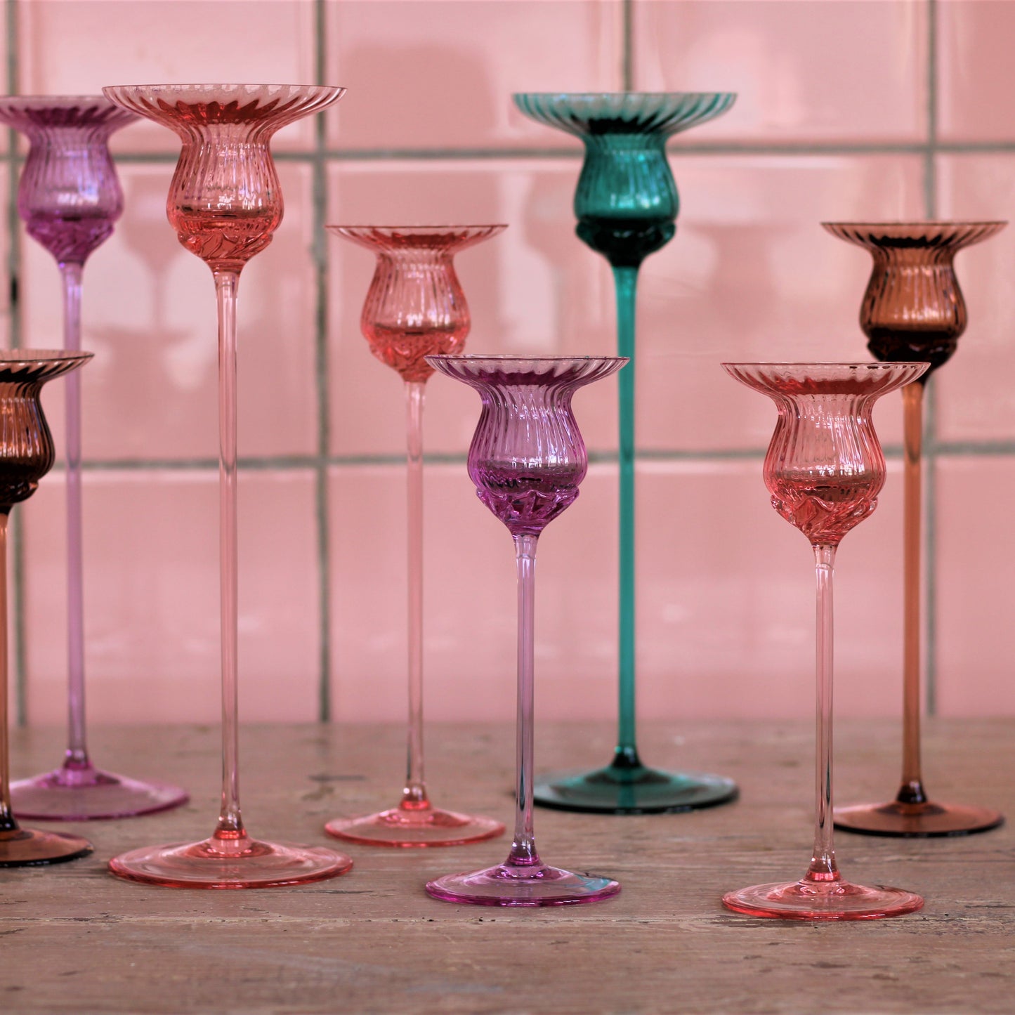 Tall candle holder in Bohemian glass - brown amber