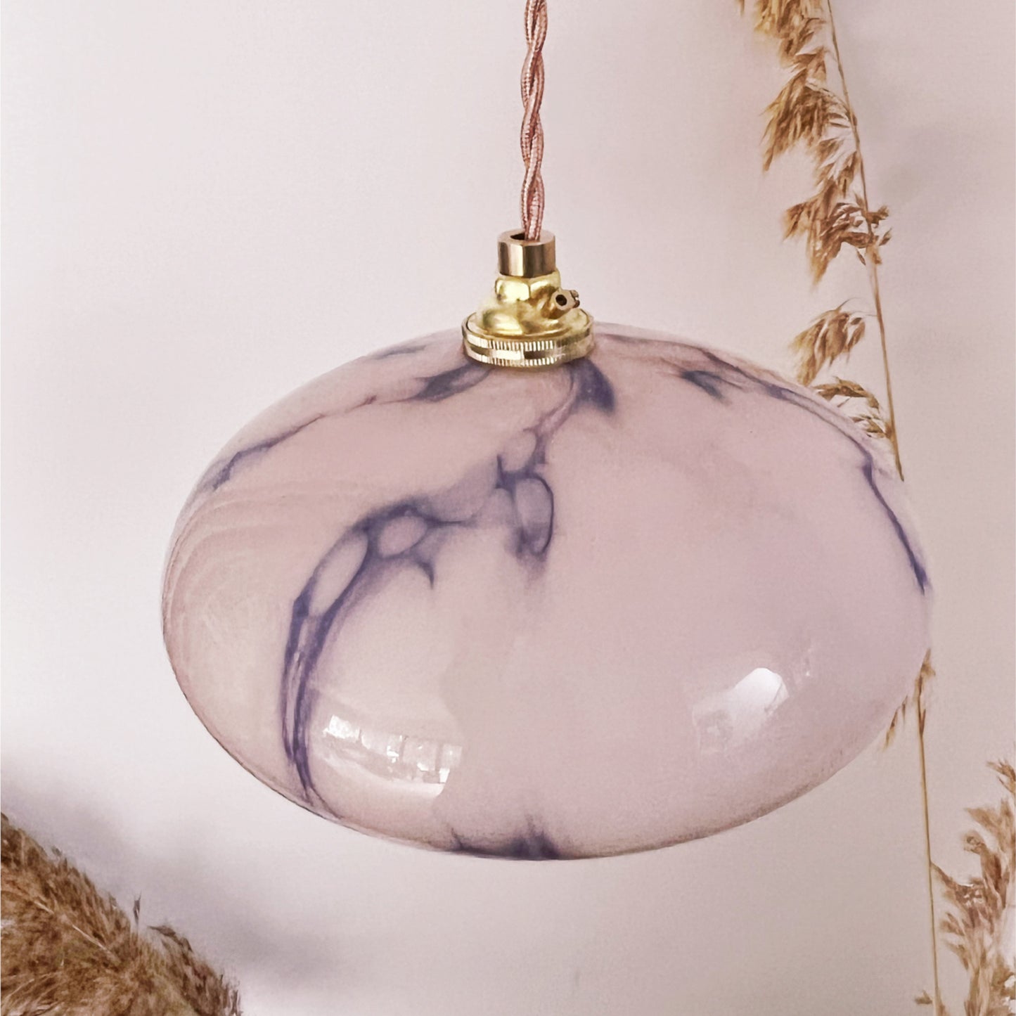 Upcycled ceiling light in marbled pink glass