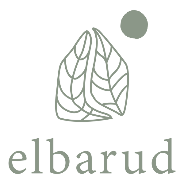 Deux feuilles d'arbre s'entremêlent pour former une maison. Celle-ci est protégée par un astre (soleil ou lune). Sous ce logo, le nom du site: elbarud.