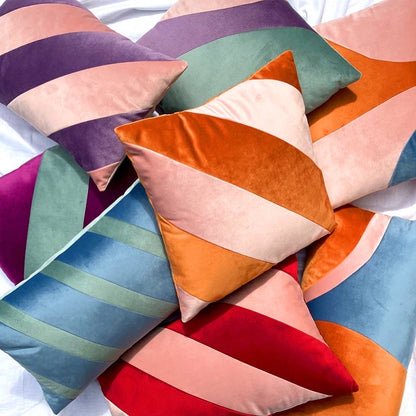 Upcycled velvet cushion - pink, orange & blue