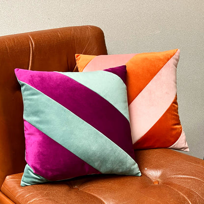 Upcycled velvet cushion - purple & celadon