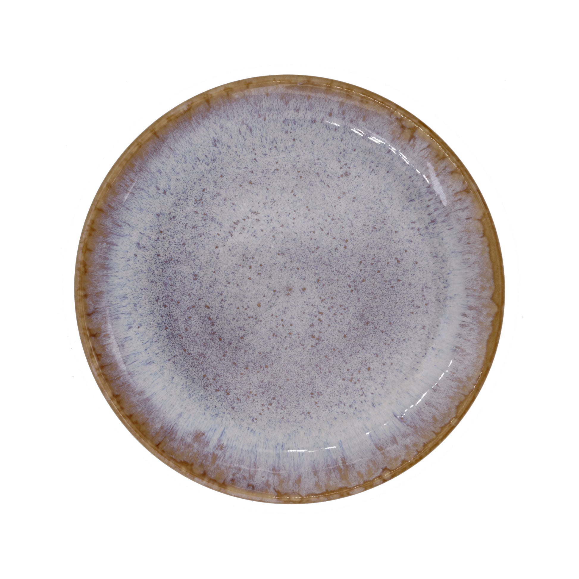 vue de dessus, assiette plate en grès naturel avec émail réactif ambre et violet subtil