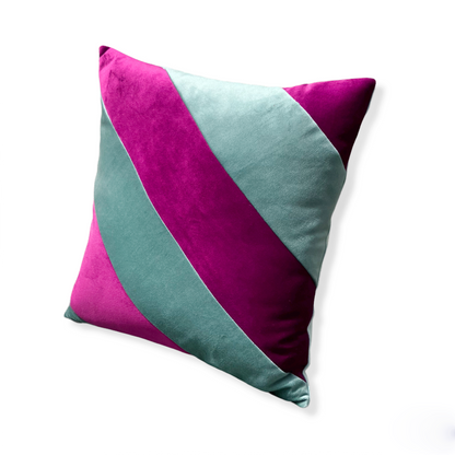 Upcycled velvet cushion - purple & celadon