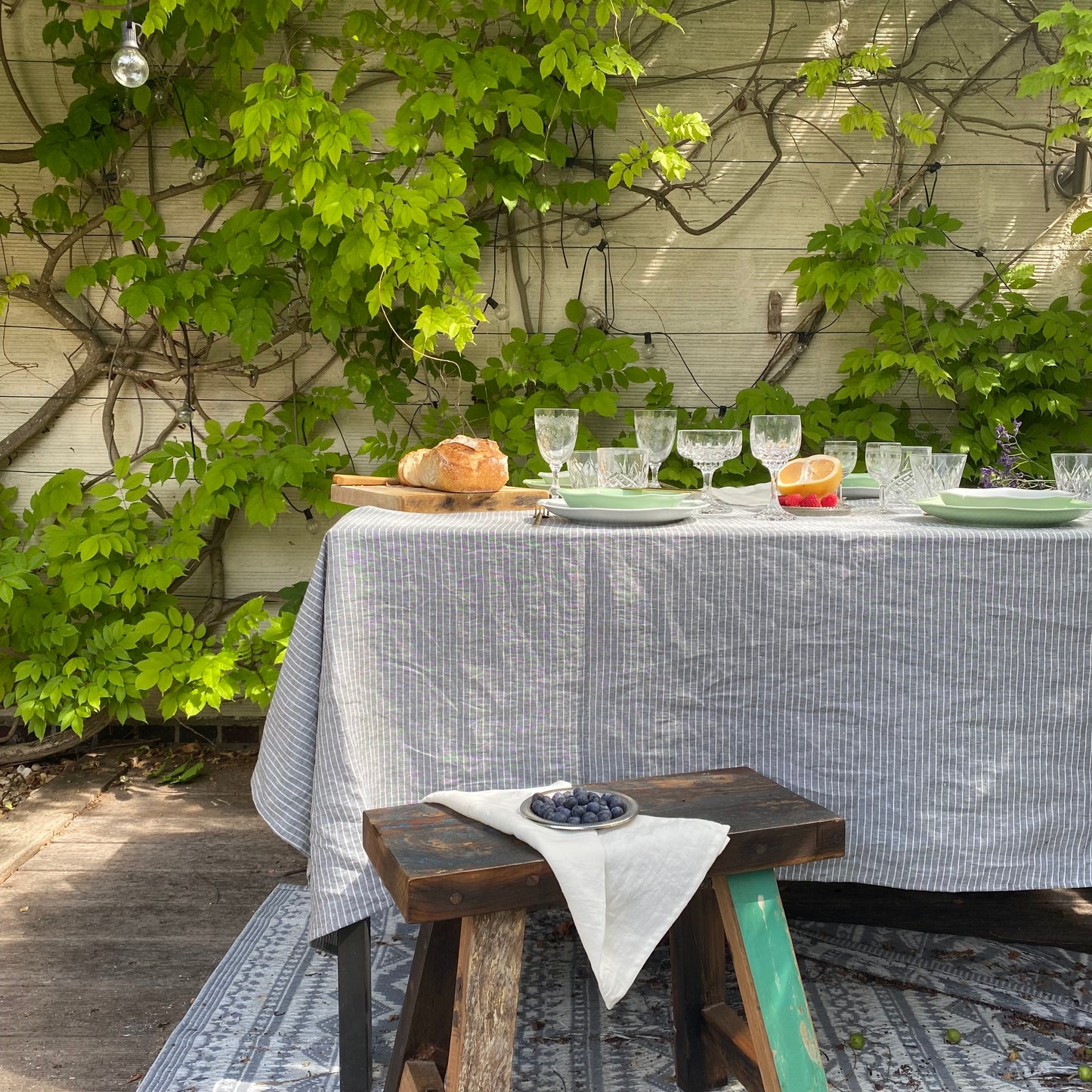 100% European linen tablecloth - striped graphite and white