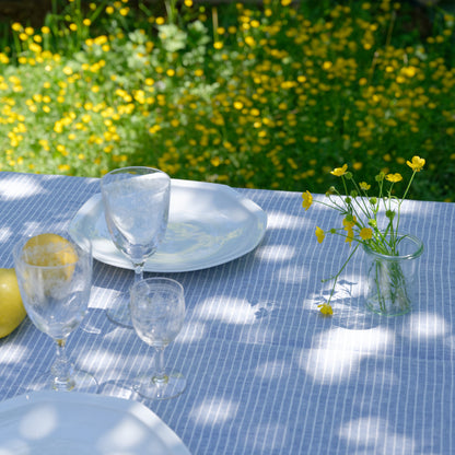 100% European linen tablecloth - striped blue and white